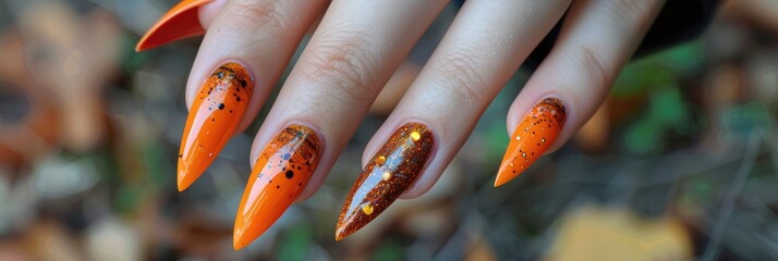 Hand adorned with long orange artificial nails featuring Halloween-themed nail art