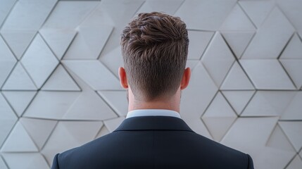 Wall Mural - businessman with stylish haircut standing in front of geometric wall