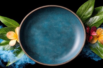 Poster - Tropical leaves and flowers surrounding a dark teal ceramic plate