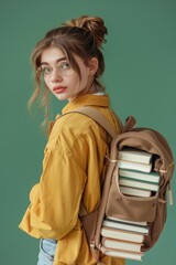 Wall Mural - A young woman carrying a large backpack filled with books, possibly a student or book lover