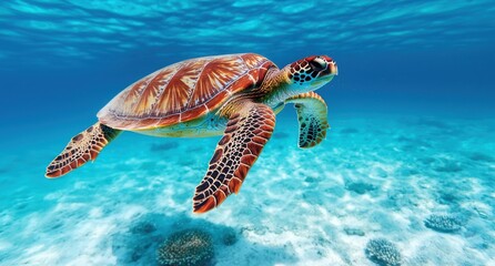 Colorful sea turtle swimming in blue ocean