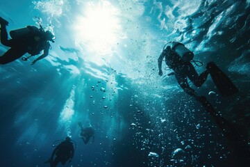 Wall Mural - a group of people swimming together in the ocean on a sunny day