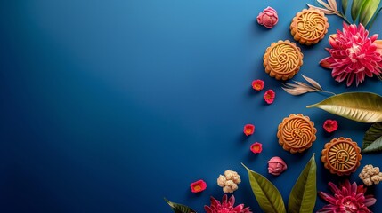 An elegant arrangement features mouthwatering pastries surrounded by beautifully colored flowers on a striking blue backdrop, creating a festive atmosphere ideal for celebrations