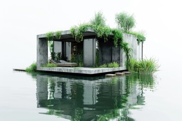 A small house floats on the surface of calm water