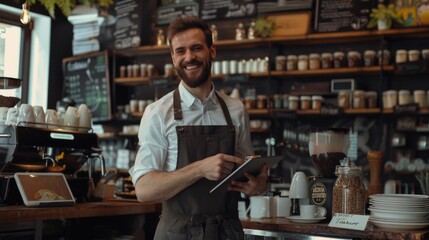 A person stands at a counter, holding a tablet for work or personal use