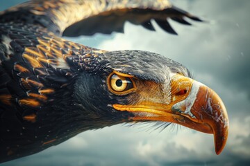 Wall Mural - A close-up shot of a bird of prey's face, set against a cloudy sky