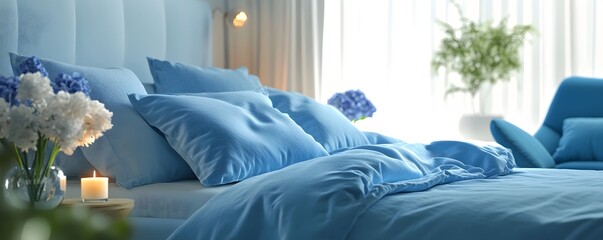 Blue Bed with Pillows and a Lit Candle in a Room with a Window