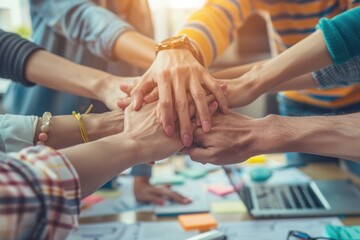 Wall Mural - A group of people forming a united front with joined hands