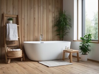 Wall Mural - Minimalist Bathroom with Freestanding Tub, Wooden Walls, and Greenery