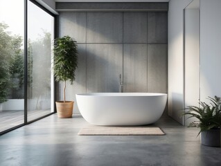 Wall Mural - Minimalist Bathroom with Freestanding Tub and Greenery