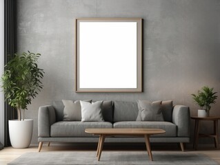 Wall Mural - Modern Living Room with Gray Sofa, Wooden Coffee Table, and Empty Frame