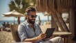 © MMerellinn - Digital nomad - man on beach with an electronic device, showcasing the concept of remote work and passive income, emphasizing the freedom and lifestyle benefits of working from anywhere.