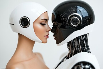 Poster - Brainwaves activity AI Robot Two humanoid androids face to face symbolizing human like AI systems and the merging of synthetic intelligence in a future driven world