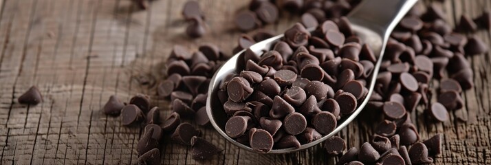 Poster - Chocolate chips in a metal scoop on a wooden surface with selective focus aimed at the chocolate morsels.