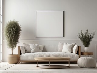 Wall Mural - Minimalist Living Room with White Sofa, Plants, and a Large Blank Canvas