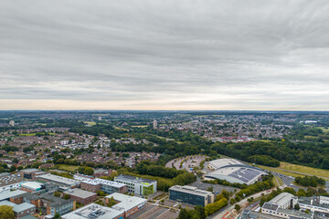 Aerial drone cityscape of Harlow Town, England