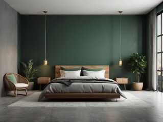 Wall Mural - Modern Minimalist Bedroom with Green Wall, Wooden Bed, and Pendant Lights