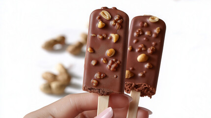 Hand holding two chocolate popsicles with peanuts