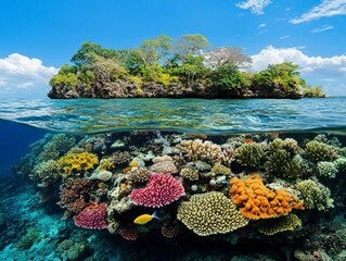 Sticker - Tropical Island and Underwater Coral Reef.