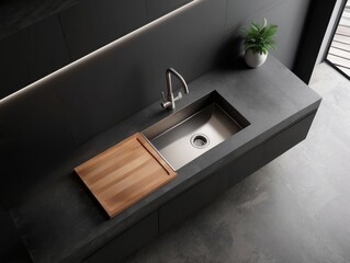 Wall Mural - Modern Kitchen Sink with Wooden Cutting Board