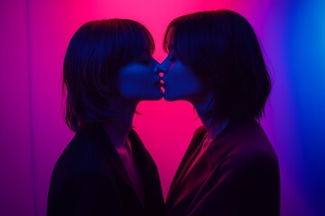 Two women kissing in vibrant neon lighting of blue and red