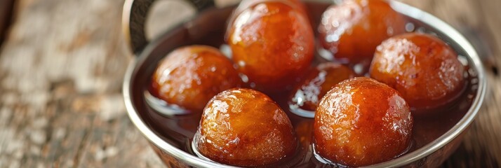 Poster - Close-up view of Gulab Jamun, a classic sweet dessert served in a metal bowl.