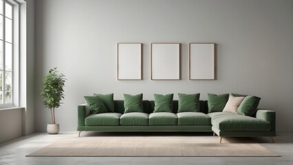 Wall Mural - Modern Living Room Interior with Green Sectional Sofa and Three Empty Picture Frames