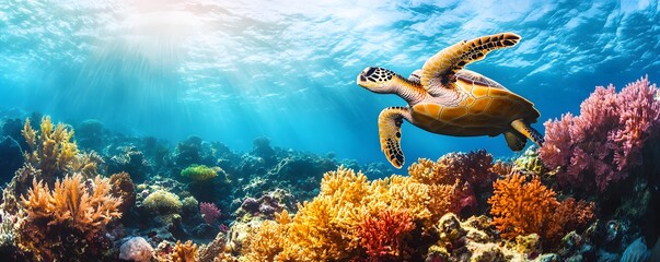 Sea Turtle Swimming Through Vibrant Coral Reef