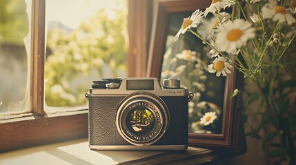 A vintage camera rests on a windowsill with a bouquet of white daisies in the background.