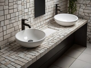 Wall Mural - Modern Bathroom Vanity with White Porcelain Sinks and Black Faucets