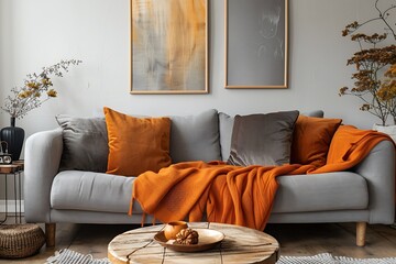 Modern living room interior with grey sofa, coffee table and orange pillows