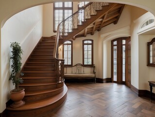 Wall Mural - Ornate Wooden Staircase in Grand Foyer of a Luxurious Home