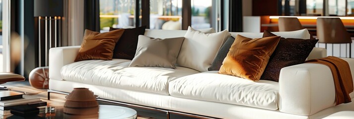 Poster - Elegant living space featuring a white sofa accented with brown cushions.