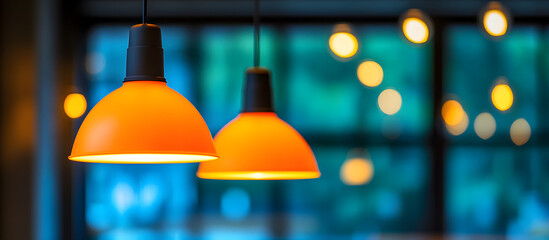 Two orange lamps are lit up in a room with a blue background