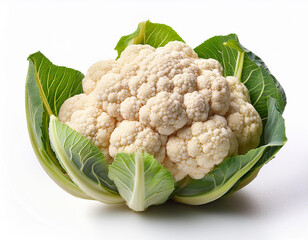 fresh cauliflower isolated on white background. green leaves and white flower.  Brassica oleracea var. botrytis.