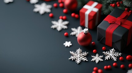 Vibrant Christmas decorations featuring red and black gifts, snowflakes, and ornaments arranged on a dark surface.