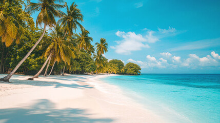 Tropical sea beach scene with clear turquoise water, white sandy shore and palm trees under a bright blue sky on a sunny day