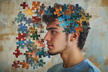 Sticker - Cognitive process Brain Thinking Conceptual profile of a young man with colorful puzzle pieces surrounding his head representing intellectual curiosity and the formation of innovative ideas