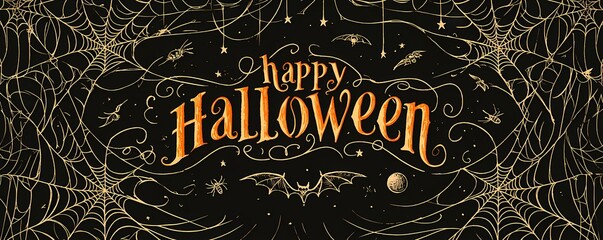 Happy Halloween orange retro lettering text with spider web and bats on green chalkboard background. Vintage calligraphy. Template for celebration event or party banner, invitation, greeting card