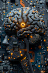 Wall Mural - a brain made of electronic components is lit up with orange lights