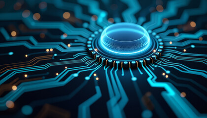 Wall Mural - a circuit board with a circular blue light design, symbolizing the connectivity and precision of ele