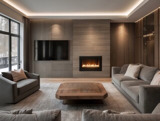 Wall Mural - Modern Living Room with Fireplace, TV, and Gray Sofas