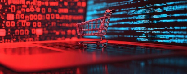 Cyber Monday laptop with holographic shopping cart emerging from the screen, surrounded by digital codes and discounts, futuristic and techdriven imagery