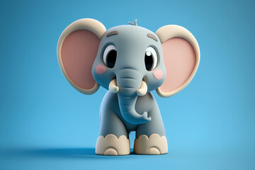 Wall Mural - Cute cartoon elephant with big ears and eyes on a blue background.