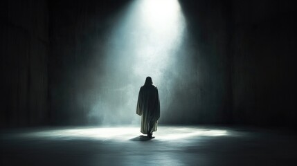 Wall Mural - Resurrection. Silhouette of a man in a dark room with a light beam.