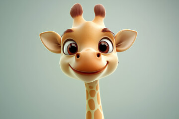 Wall Mural - A cute cartoon giraffe with big brown eyes and a friendly smile, looking directly at the camera against a light blue background.