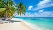 © Diffin - Tropical sea beach scene with clear turquoise water, white sandy shore and palm trees under a bright blue sky on a sunny day