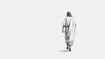 Wall Mural - A sketch of Jesus walking, detailed with fine lines and no background. Rear view. Copy space.