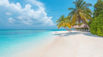 Canvas Print - Tropical sea beach scene with clear turquoise water, white sandy shore and palm trees under a bright blue sky on a sunny day