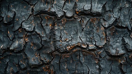 Charred wood texture with deep black and brown tones showing signs of burning cracking